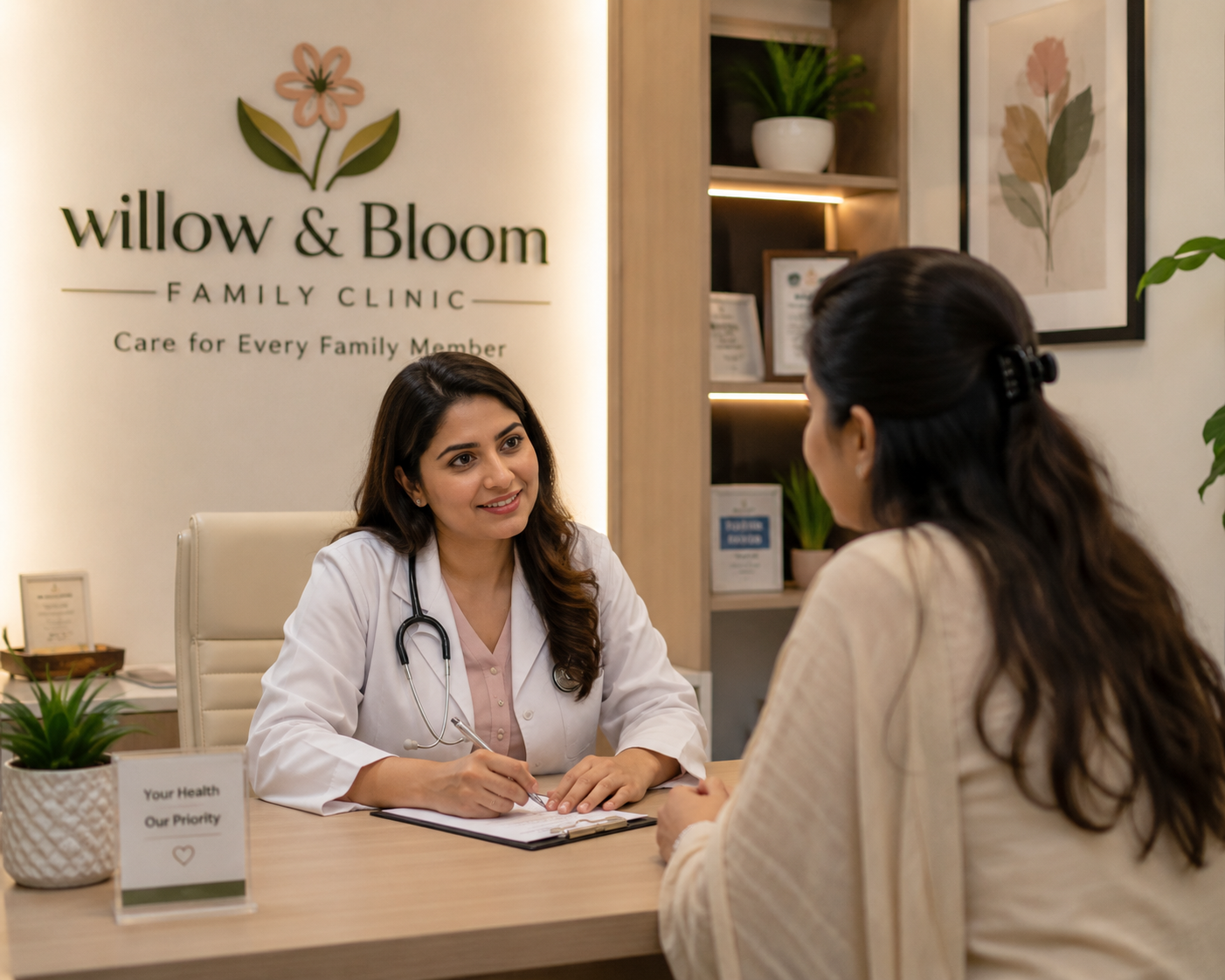 Doctor consulting warmly with a patient at Willow & Bloom Family Clinic